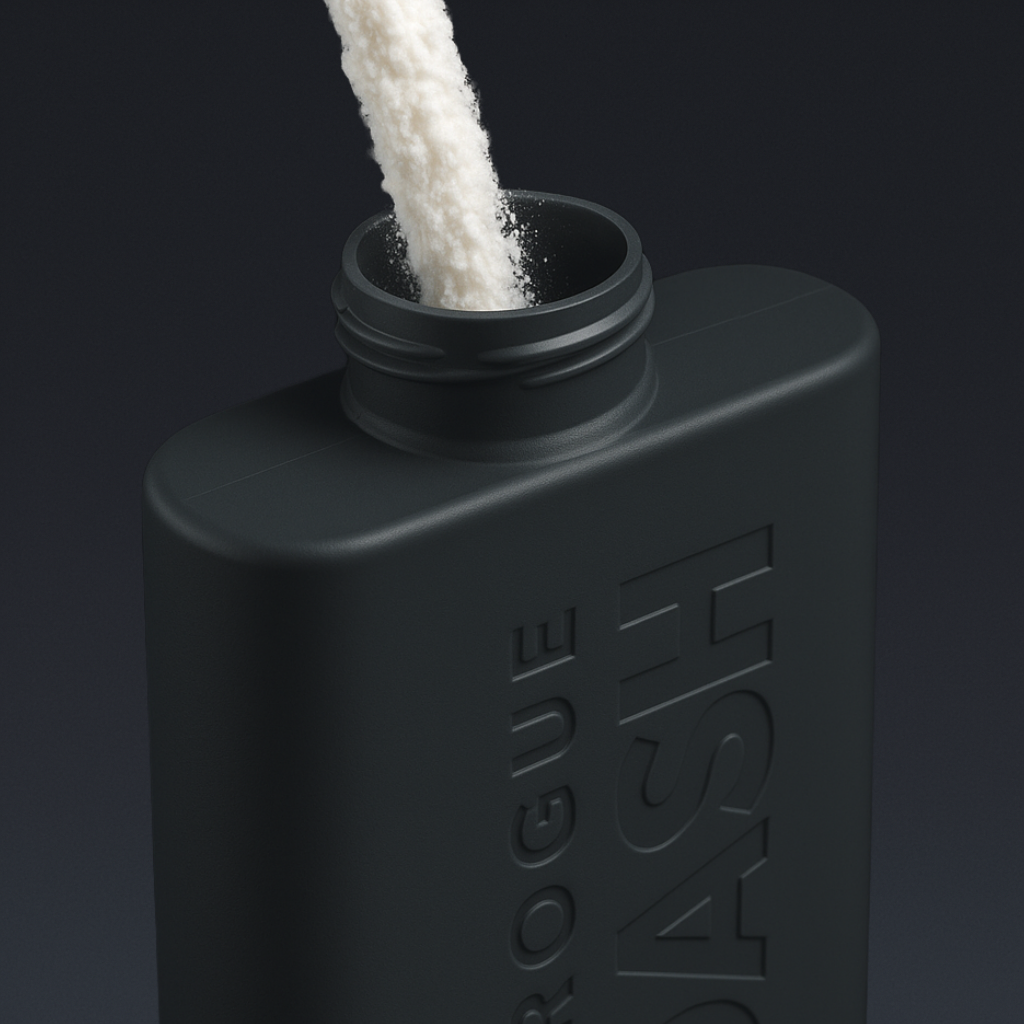 Rogue Dash refillable bottle being filled with shower gel powder