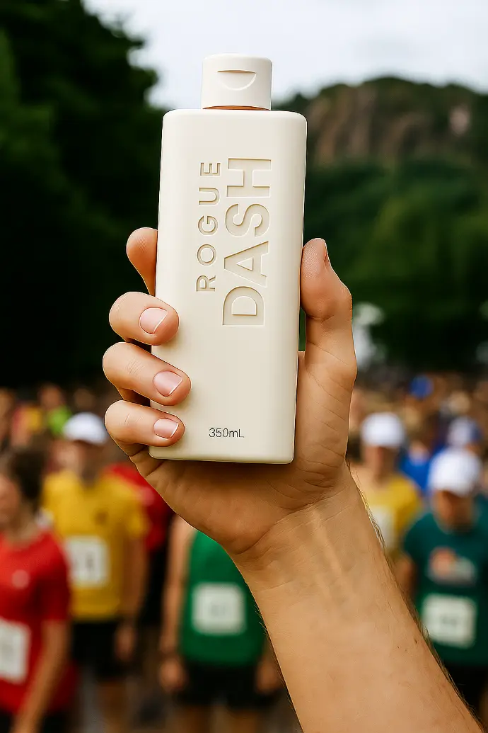 Rogue Dash refillable bottle held by someone in a local event
